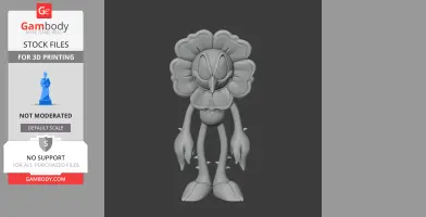 A 3D model of a cartoon flower character with a smiling face and long limbs, ready for 3D printing.
