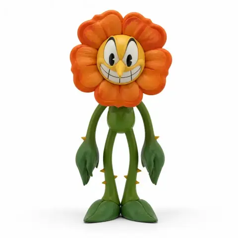 Anthropomorphic flower character with orange petals, a mischievous grin, and green limbs.