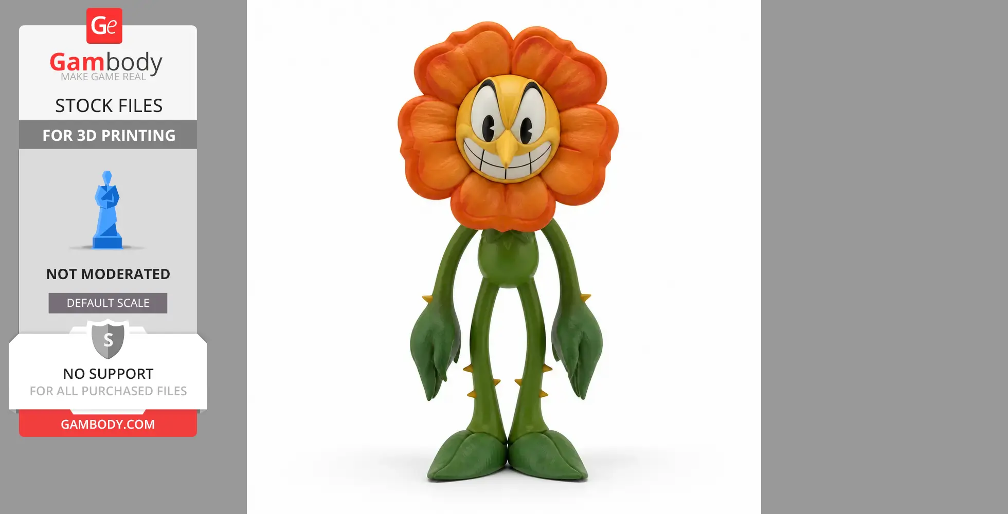 A grinning flower character with an orange face, long green limbs, and leaf-like hands and feet.