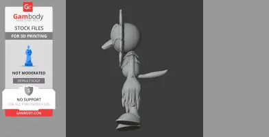 Side view of a 3D model: a flower-like character with large petals and a leaf tail, in grayscale.