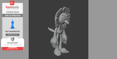 3D model of a cartoon flower character with a mischievous expression, ready for printing.