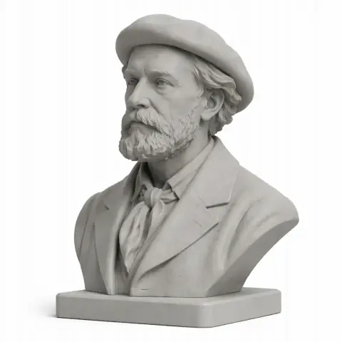 Bust of a bearded man in a beret and suit. 3D print-ready model displayed on a rectangular base.