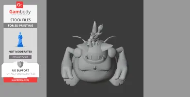 A 3D model of Cait Sith from Final Fantasy VII, sitting on a large, round creature for 3D printing.