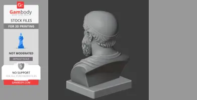 3D model of a bust depicting an ancient philosopher with a beard and head covering, mounted on a square base.