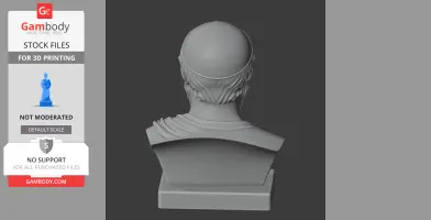 Rear view of a sculpted bust depicting a historical figure with detailed hair and a draped garment.
