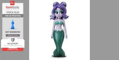 Purple-haired mermaid figurine with green eyes, scale tail, and seashell top for 3D printing.