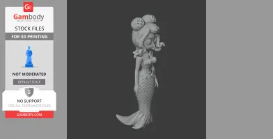 3D model of a mermaid character with shell top, fins, and detailed scales, ready for 3D printing.