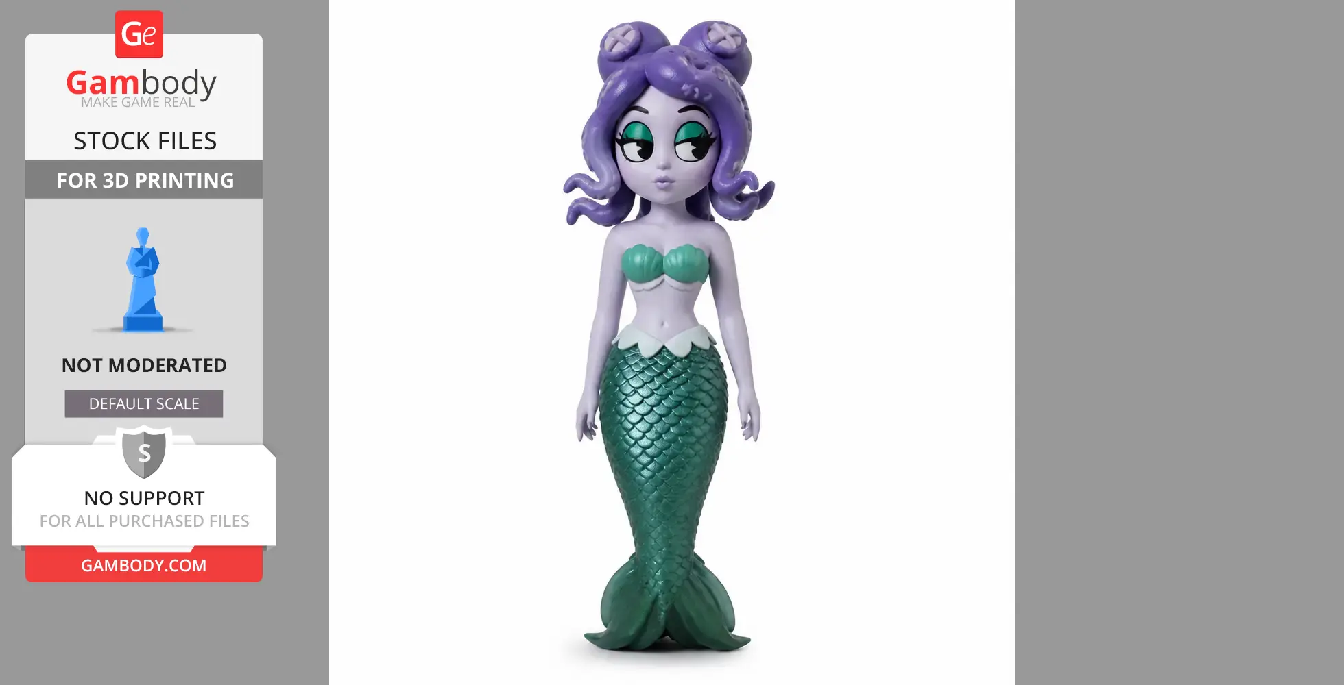 Purple-haired mermaid figurine with green eyes, scale tail, and seashell top for 3D printing.