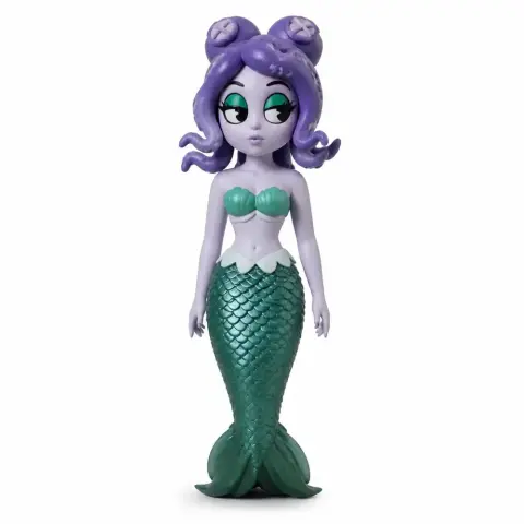 A stylized figure of a purple-haired mermaid with a green tail, inspired by the game Cuphead.