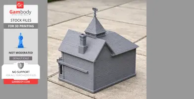 3D printed model of a Queen Anne style building with a steep roof and chimney.
