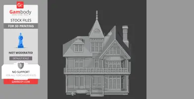 3D model of a Queen Anne style house with intricate details and decorative architecture.