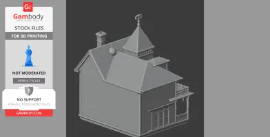 3D model of a Queen Anne style house with gabled roof, turret, and detailed porch, for 3D printing.