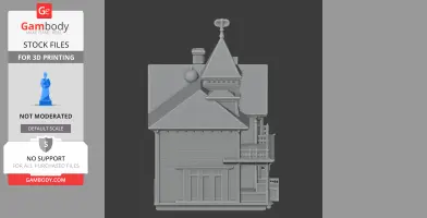 A 3D model of a Queen Anne style house with a steep roof, tower, and detailed facade for 3D printing.