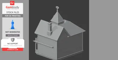 3D print model of a Queen Anne style house with gable roof, chimney, and ornate spire.