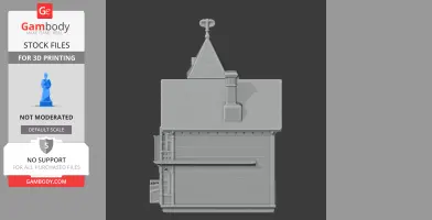 3D model of a Queen Anne style house with a chimney, triangular roof, and ornate detailing.