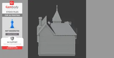 3D model of Queen Anne style house with steep roof, chimney, and decorative spire, side view.