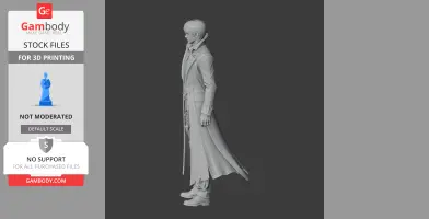 A detailed 3D figurine of a character in a long coat, standing, viewed from the side.