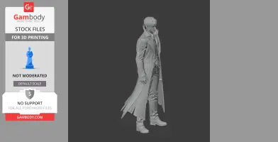 A 3D model of a character in a long coat with intricate details, in a standing pose for printing.