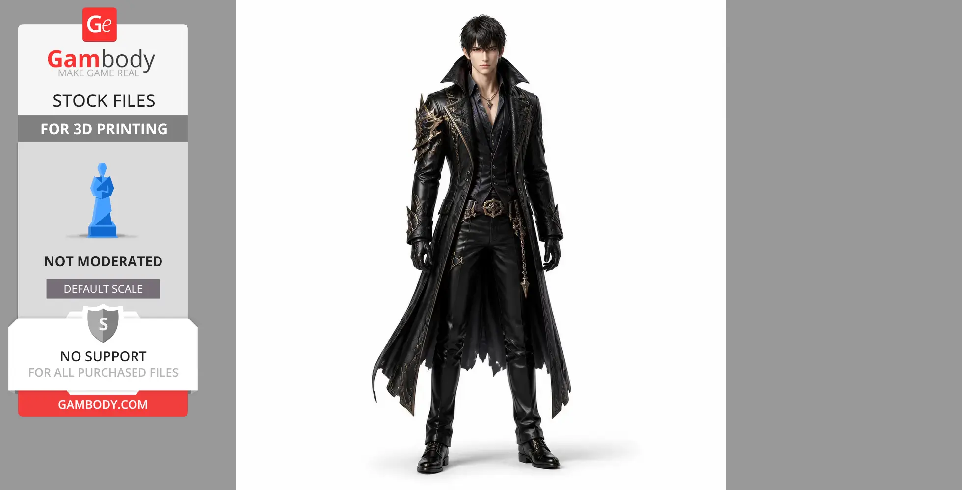 Figure of a character in a detailed black outfit with a long coat and spiked armor accents for 3D printing.