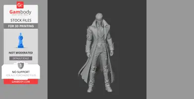 A detailed 3D model of a character in a long coat with ornate designs, suitable for 3D printing.