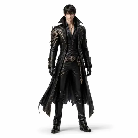Tall character in long black coat with intricate details, dark hair, and serious expression.