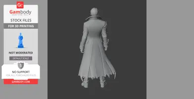 A detailed 3D model of a character in a tattered coat, viewed from the back.