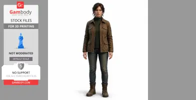 Female character in a brown jacket, green turtleneck, jeans, and boots, standing upright.