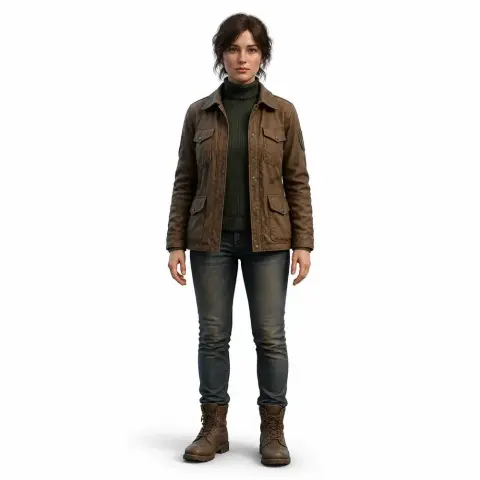 Female character in casual outfit with brown jacket, jeans, and boots, standing upright.