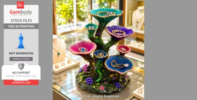 Colorful floral tree-like jewelry organizer with multiple tiers displaying necklaces and rings.
