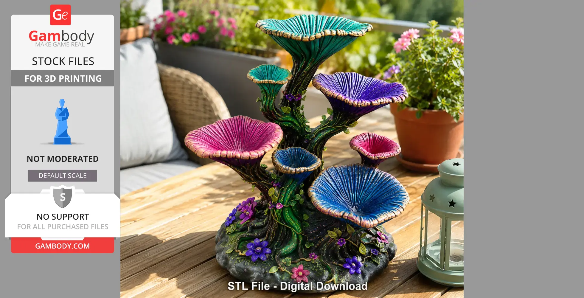 Colorful tree-shaped organizer with lobe-shaped shelves, adorned with floral accents. Ideal for 3D printing.