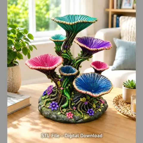 Colorful mushroom-shaped tree organizer with floral base, designed for 3D printing.