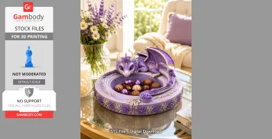 A decorative purple dragon bowl adorned with floral details, containing assorted chocolates.