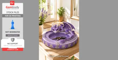 A decorative purple dragon bowl with floral accents holds keys on a sunlit wooden table.