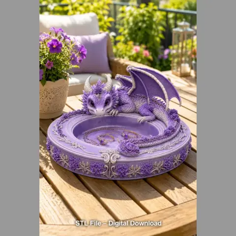 A purple dragon curled around a floral-decorated bowl, designed for 3D printing.