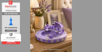 Purple dragon curled around a decorative floral bowl, set on a wooden surface.
