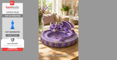 Purple dragon with floral detailing curled on a decorative bowl, designed for 3D printing.