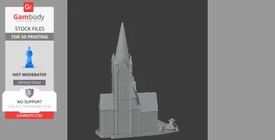 A 3D model of a Gothic-style cathedral with a tall spire, suitable for 3D printing.