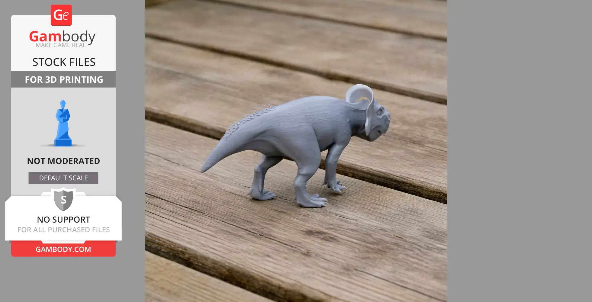 3D printed model of a Zhuchengceratops dinosaur on wooden boards.