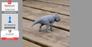 3D printed model of a Zhuchengceratops dinosaur on wooden boards.