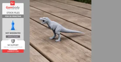 A 3D-printed model of a Zhuchengtyrannus dinosaur on a wooden surface.