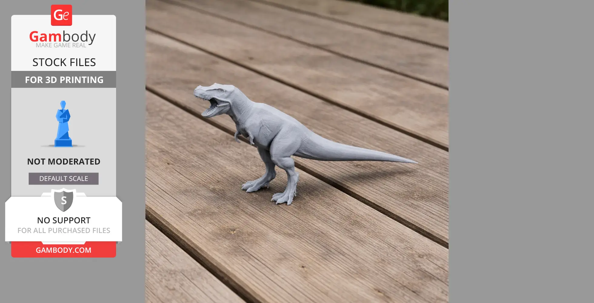 A 3D-printed model of a Zhuchengtyrannus dinosaur on a wooden surface.