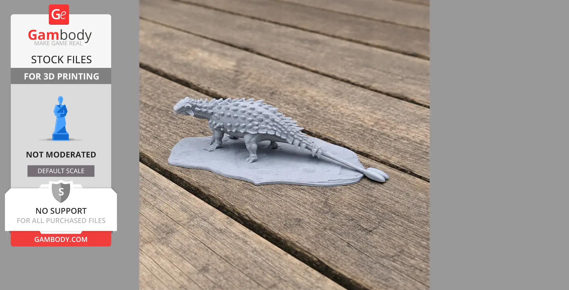 Gray 3D-printed model of a Ziapelta, a spiky armored prehistoric animal, on a wooden surface.