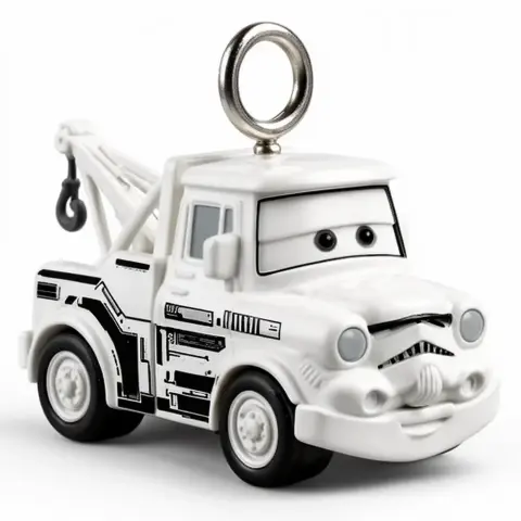 A white tow truck toy styled with Stormtrooper elements and a ring on top, combining Cars and Star Wars.