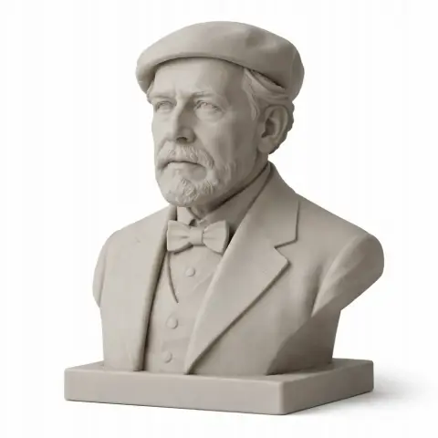Bust of an elderly man in a suit with a bowtie and cap, showcasing a thoughtful expression.