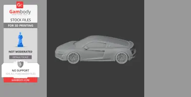 3D model of an Audi R8 sports car for 3D printing, side view on a dark background.