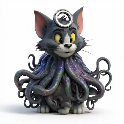A cat with Cthulhu-inspired tentacles and a ring on its head, blending feline and mythical elements.
