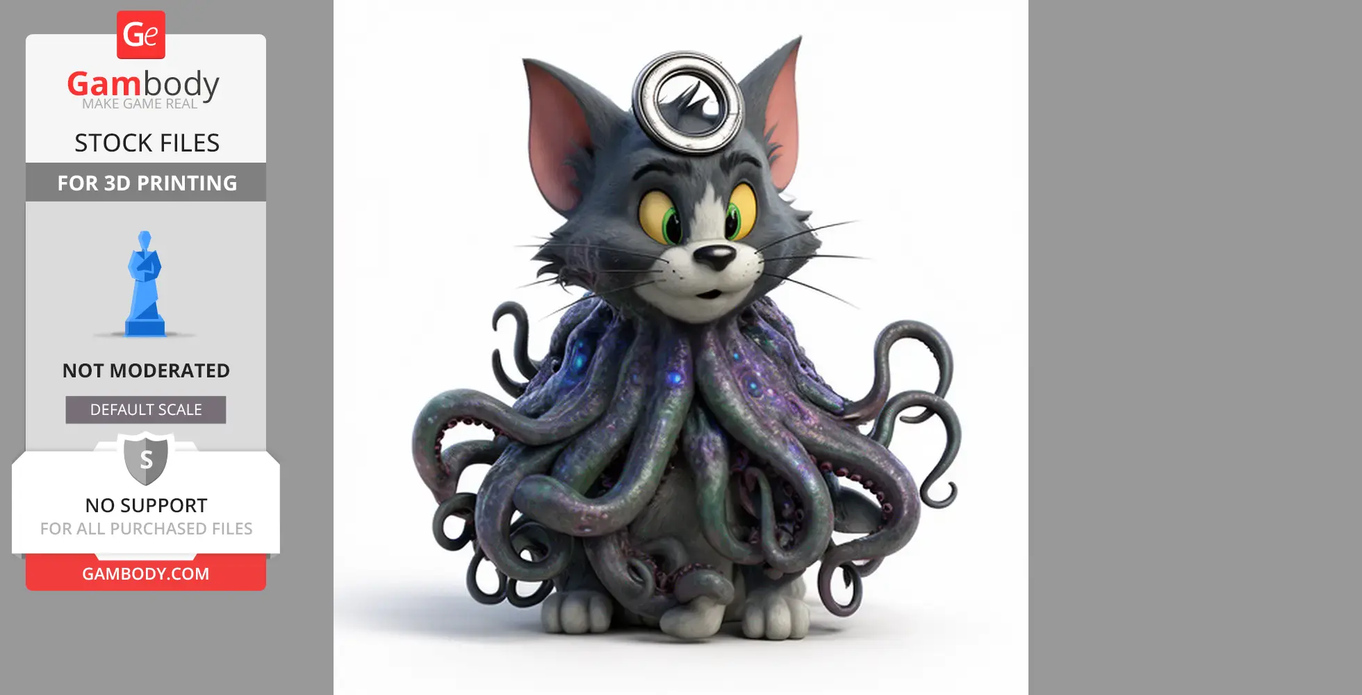 A cartoon cat fused with Cthulhu tentacles and a ring on its head, designed for 3D printing.