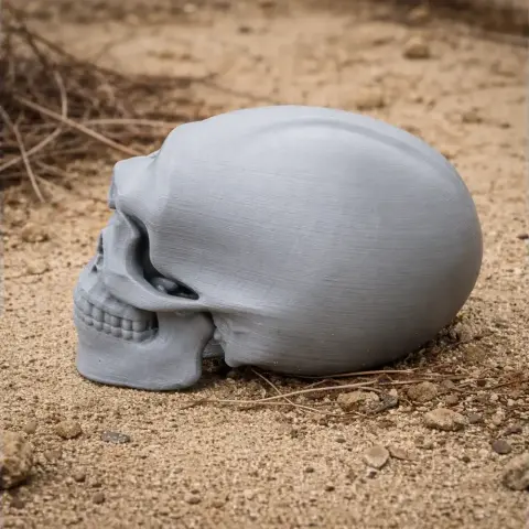3D-printed Homo neanderthalensis skull replica on sandy ground, side view.