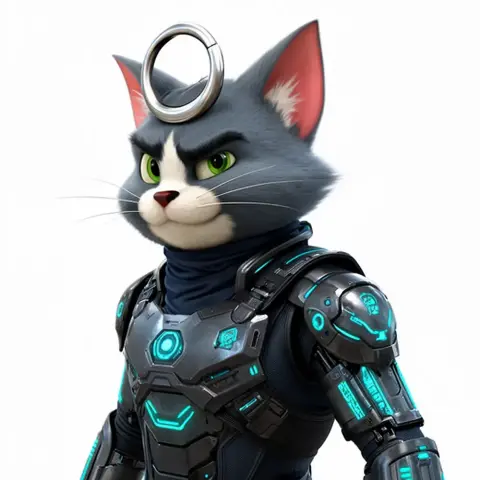 A cybernetic cat figure with a ring on its head, wearing futuristic armor and glowing blue accents.