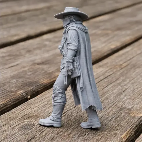 3D-printed cowboy gunslinger figurine with a wide-brimmed hat and long coat, posed walking.
